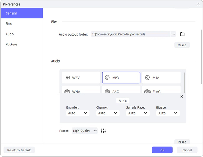 audio recorder output settings