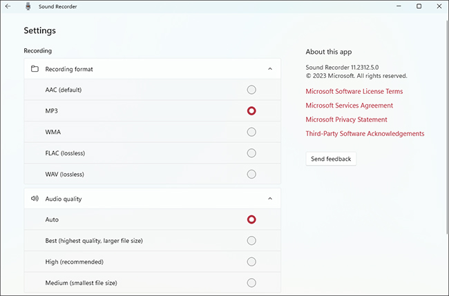 sound recorder format and quality settings