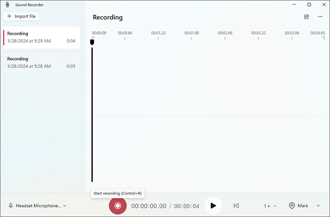 sound recorder start recording on windows 11