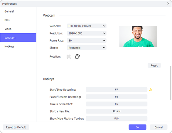 customize webcam setting