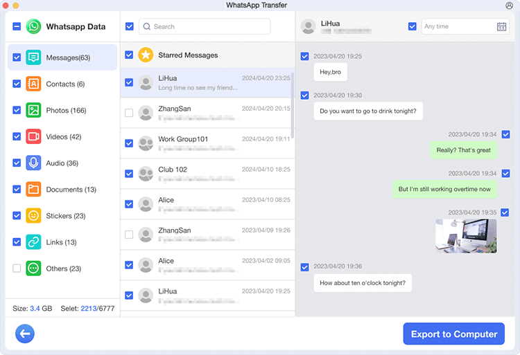 preview and select whatsapp data in backup file